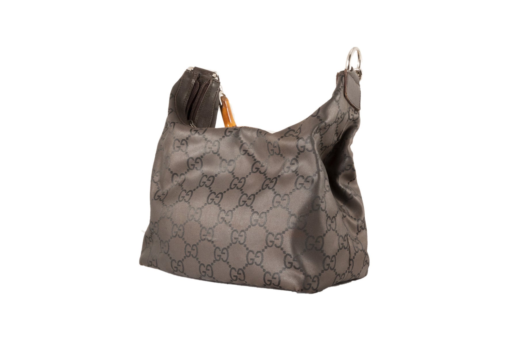 Borsa Gucci anni '90 in pelle con manico in bambù, chiusura a zip, in fantasia GG | Gucci Bamboo handbag. - Natural Born Humans Store