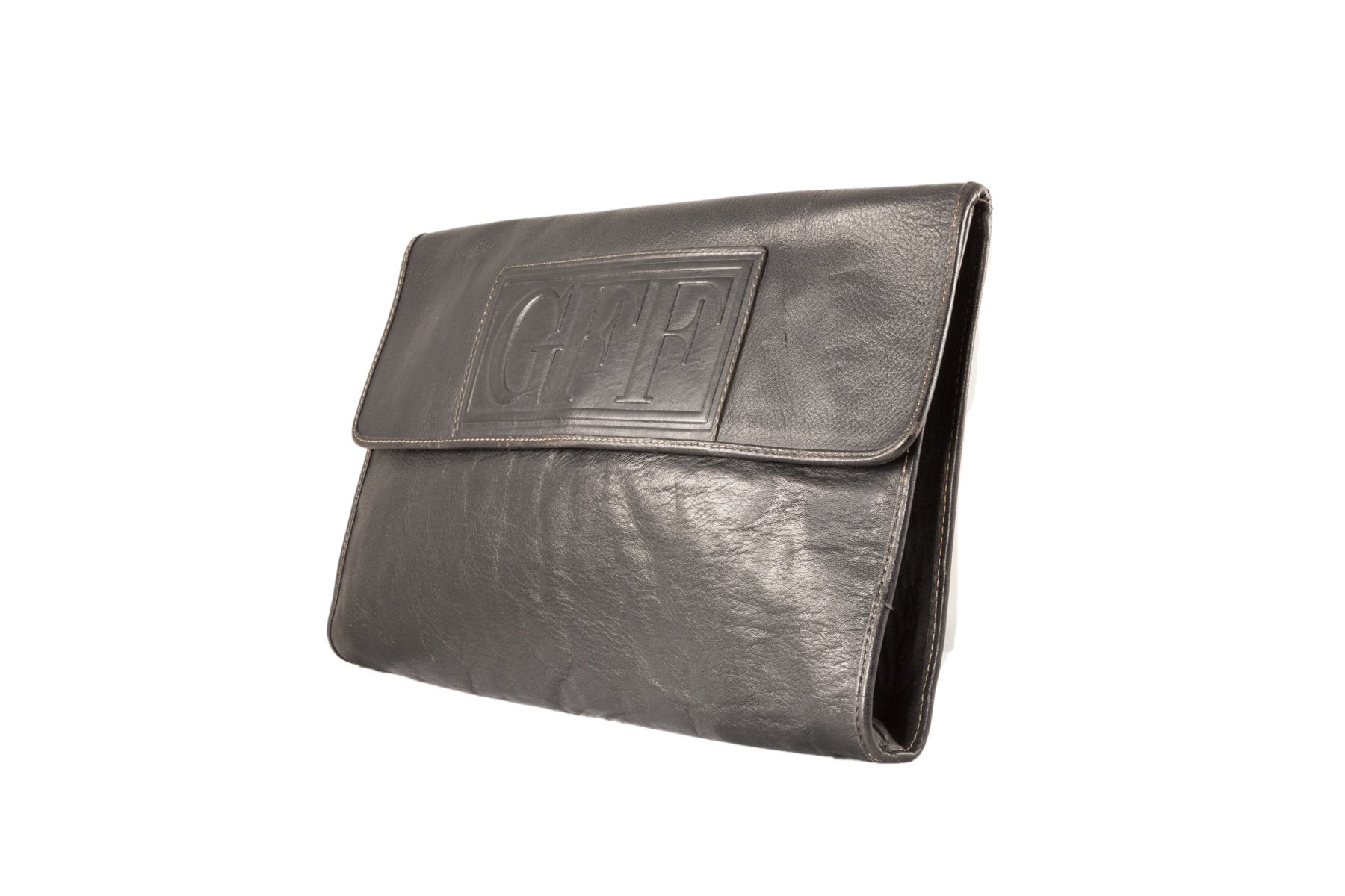 Pochette Gianfranco Ferrè anni '80 in pelle nera con chiusura magnetica | Gianfranco Ferrè 80s pochette. - Natural Born Humans Store