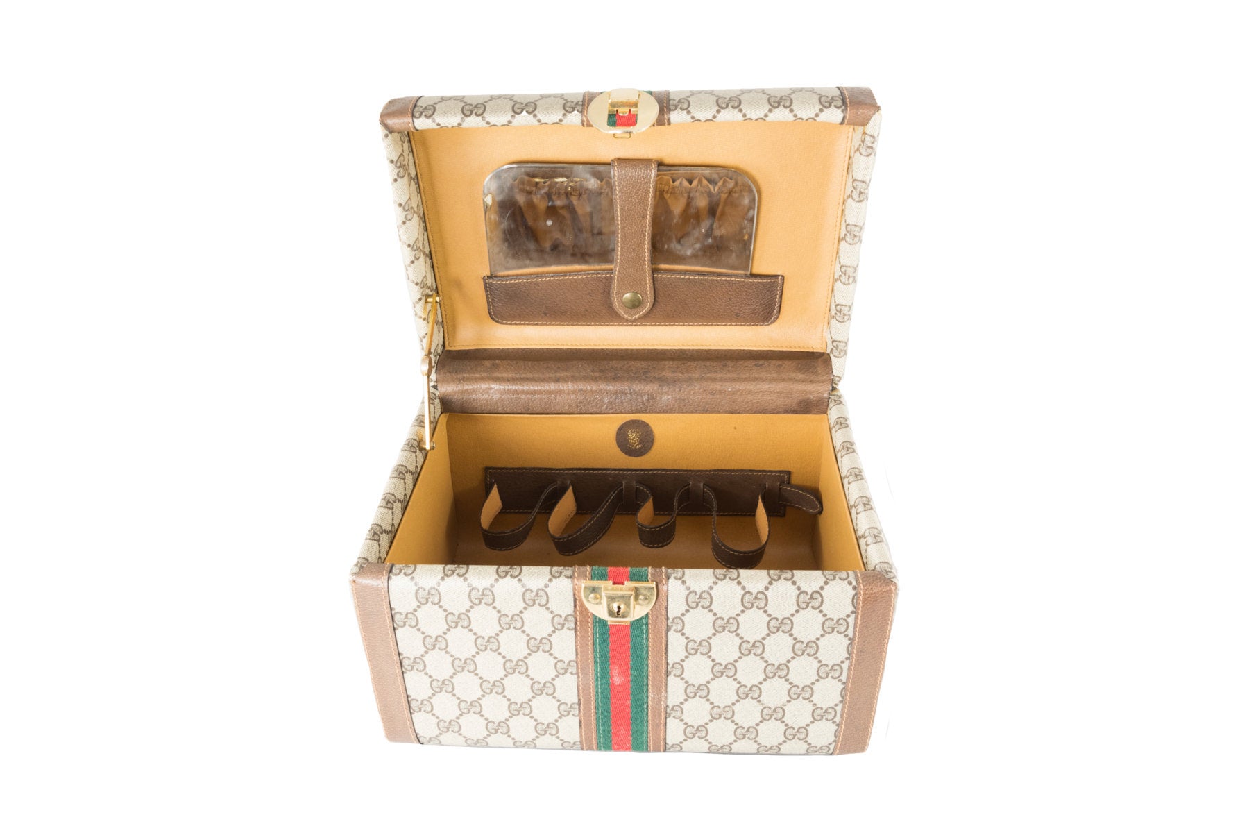 Borsa in pelle da viaggio Gucci anni '70 con specchio e spazio per cosmetici e chiusura a scatto | Gucci Vanity Case. - Natural Born Humans Store
