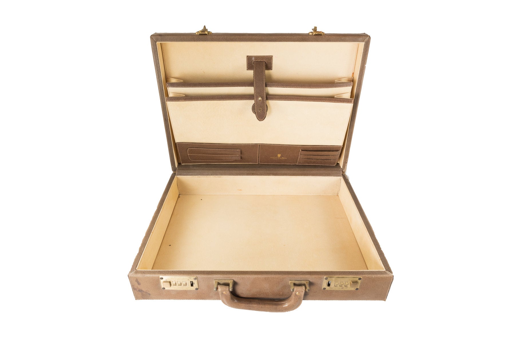 Valigia 24 ore Gucci anni '70 in pelle con chiusura a scatto con lucchetto, fantasia GG | Gucci Squarish Case. - Natural Born Humans Store