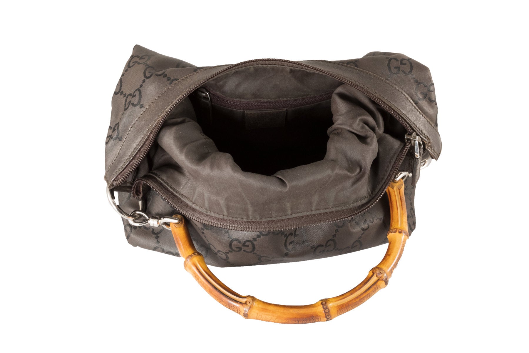 Borsa Gucci anni '90 in pelle con manico in bambù, chiusura a zip, in fantasia GG | Gucci Bamboo handbag. - Natural Born Humans Store